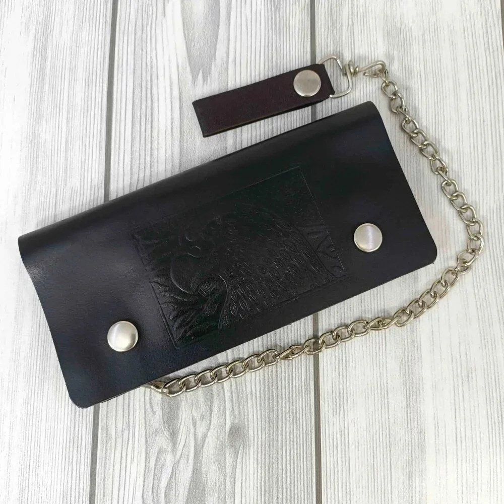 Black Leather Trifold Wallet with Chain